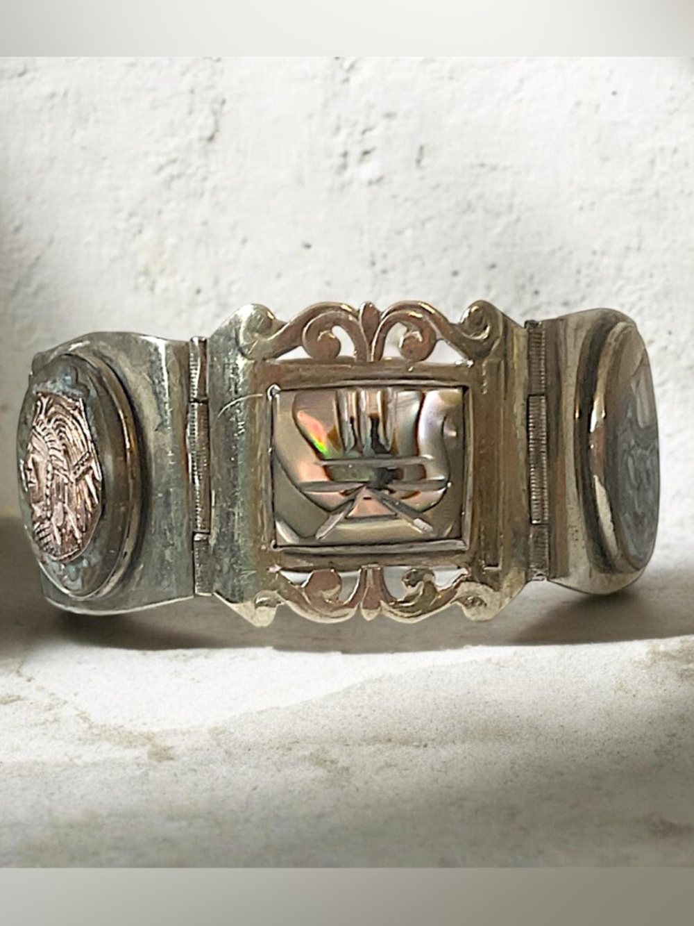 Vintage Taxco Mexico Sterling Silver Abalone Aztec Bracelet